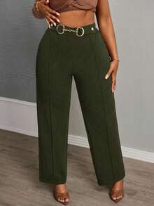 SHEIN Slayr 优雅通勤、派对、约会皆宜的修身纯黑色腰部金属装饰纽扣超长直筒裤，女士加大码，春秋季款 - 軍綠色 - 查看 1