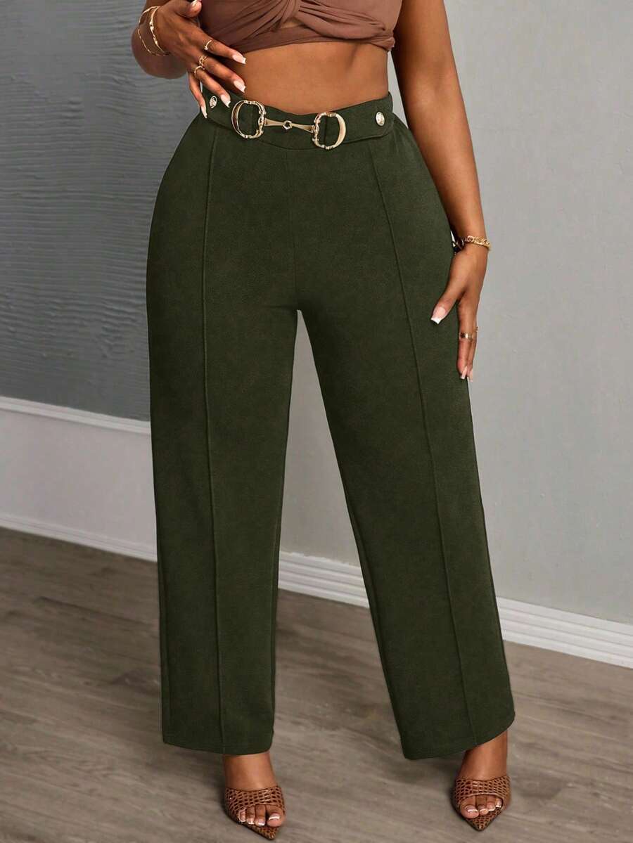 SHEIN Slayr 优雅通勤、派对、约会皆宜的修身纯黑色腰部金属装饰纽扣超长直筒裤，女士加大码，春秋季款 - 軍綠色 - 查看 1