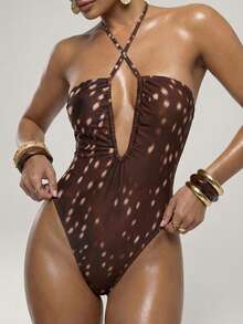 SHEIN BAE 女士性感优雅浪漫印花吊带露背镂空高开衩连体泳衣，度假装 - 棕色 - 查看 6