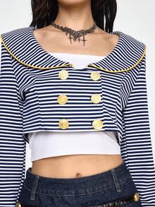 ROMWE Grunge Punk Retro Nautical Navy Blue & White Striped Open Front Short Lightweight Jacket - Blue and White - View 2