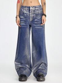 ROMWE Grunge Punk Quần jeans ống rộng dáng suông màu bạc ánh kim kiểu dáng tương lai - Màu xanh lam - Xem 4