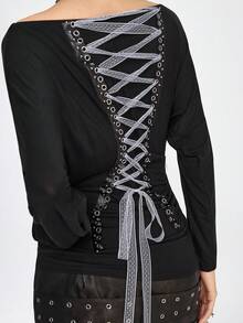 ROMWE Grunge Punk 暗黑朋克印花露肩长袖T恤，配系带，百搭叠穿上衣 - 黑色 - 查看 4