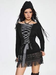 ROMWE Grunge Punk 暗黑朋克印花露肩长袖T恤，配系带，百搭叠穿上衣 - 黑色 - 查看 6