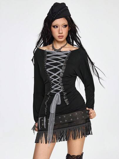 Grunge Punk Dark Punk Print Off-Shoulder Long Sleeve T-Shirt With Tie, Versatile Layering Top