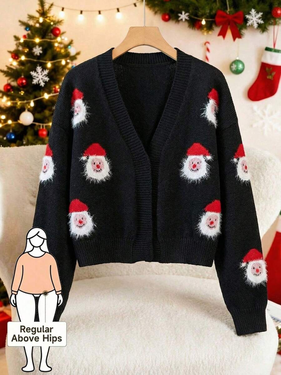 EMERY ROSE Autumn/Winter New V-Neck Long Sleeve Christmas Atmosphere Loose Knit Cardigan With 3D Faux Fur Santa Claus Pattern For Women - Multicolor - View 1