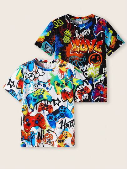 SHEIN 2pcs/Set Tween Boy Casual Minimalist Video Game Graphic Print Short Sleeve Round Neck T-Shirt, Suitable For Summer
