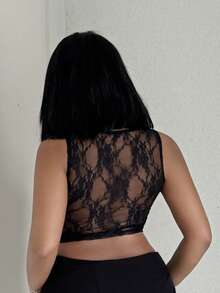 Alexandranx Black Top;Fall Women Clothes;Lace Top;Black Mesh See-Through Lace Jacquard Women's Sexy Party Tank Top - Black - View 2