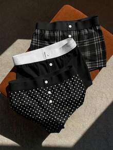 Comfortcana Bộ 3 quần short nữ kiểu vintage chấm bi, màu trơn, họa tiết kẻ caro, cạp chun điều chỉnh được, 3 nút phối màu tương phản, thích hợp cho các buổi đi chơi, phối đồ, thoải mái tối giản, sang trọng, phong cách Y2K. - Nhiều màu - Xem 3