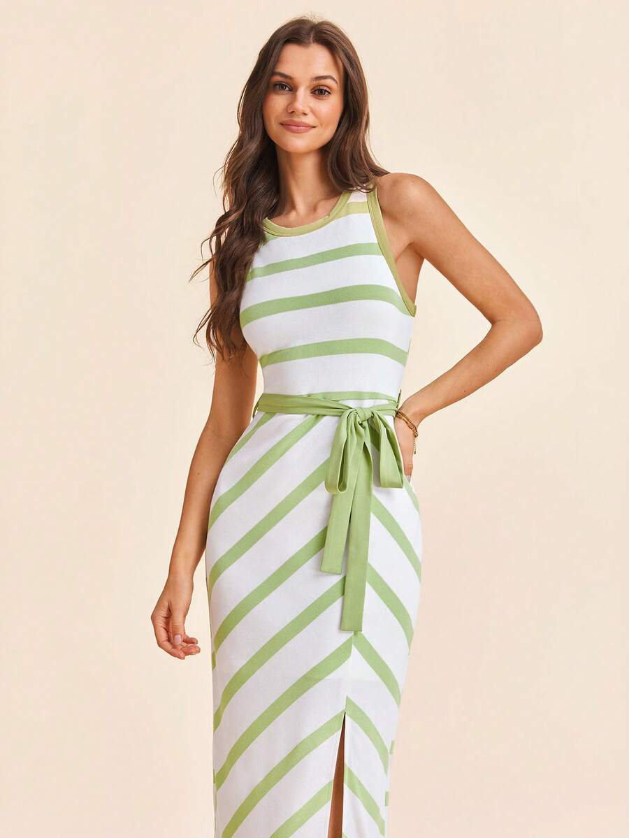 Coeurva 女士时尚优雅休闲针织条纹印花连衣裙，柔软弹力面料 - 綠色 - 查看 1