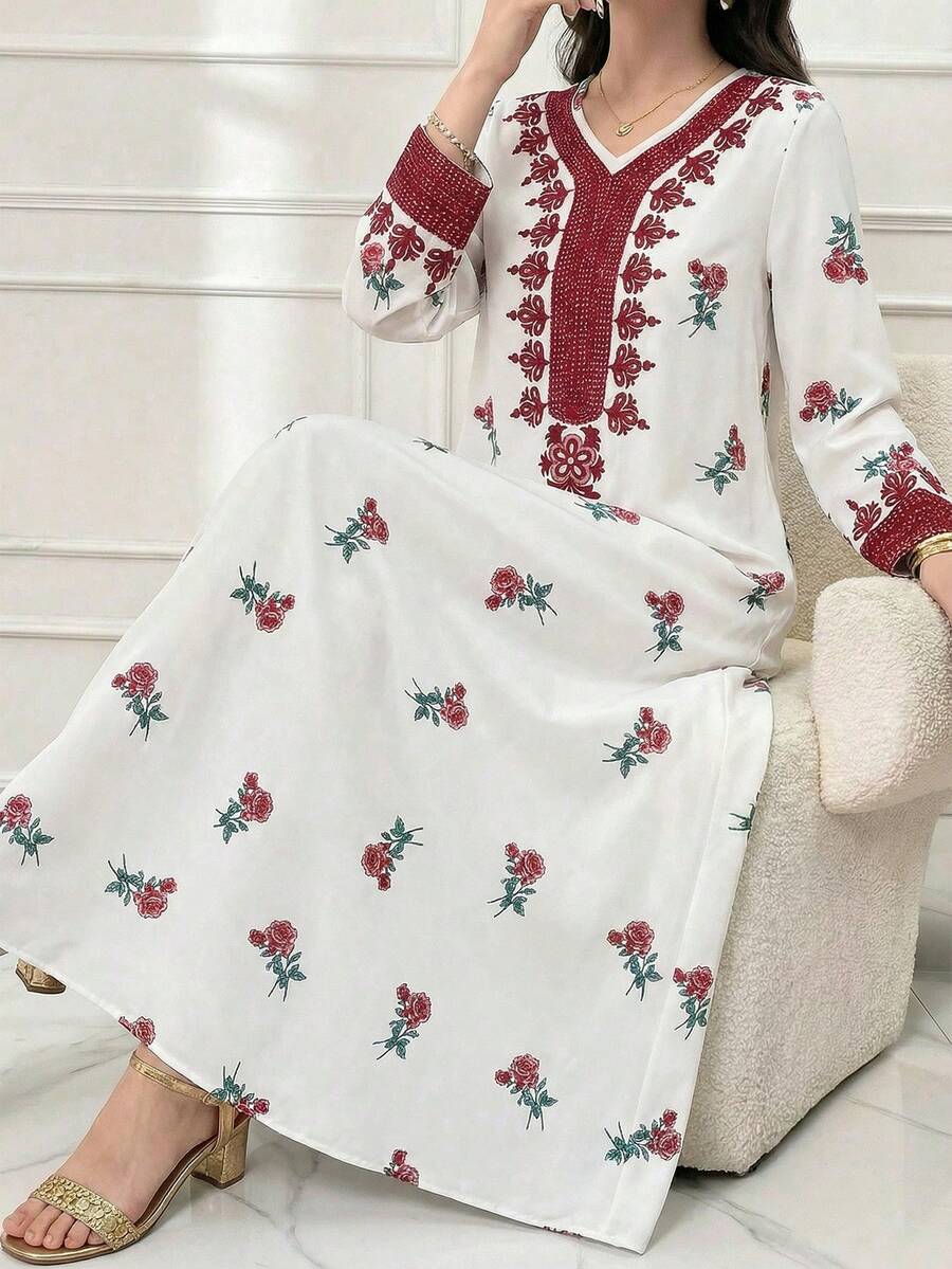 Teen Girls'Traditional Arab Robe,Middle Eastern Style,White,Autumn,Elegant,Party,Pink Floral Print,Embroidered Trim Abaya Dress - Multicolor - View 1