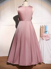 1pc Tween Girl Elegant Satin Sleeveless Waist Cinched Ruched Detachable Bow Decor Maxi Dress, Suitable For Daily, Party, Wedding, Spring/Summer - Pink - View 2