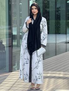 Yasmyna 女士花卉撞色蕾丝V领长袖优雅阿拉伯连衣裙 - 彩色 - 查看 3