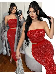 SHEIN SXY Bộ áo croptop không tay đính đá và chân váy bóng bẩy. - Đỏ - Xem 7