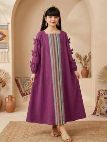 SHEIN 少女纯色拼接条纹方领蝴蝶结装饰长袖宽松A字连衣裙，适合旅行、度假、乡村风、休闲度假、波西米亚风，可与姐妹和女儿搭配穿着。 - 彩色 - 查看 2