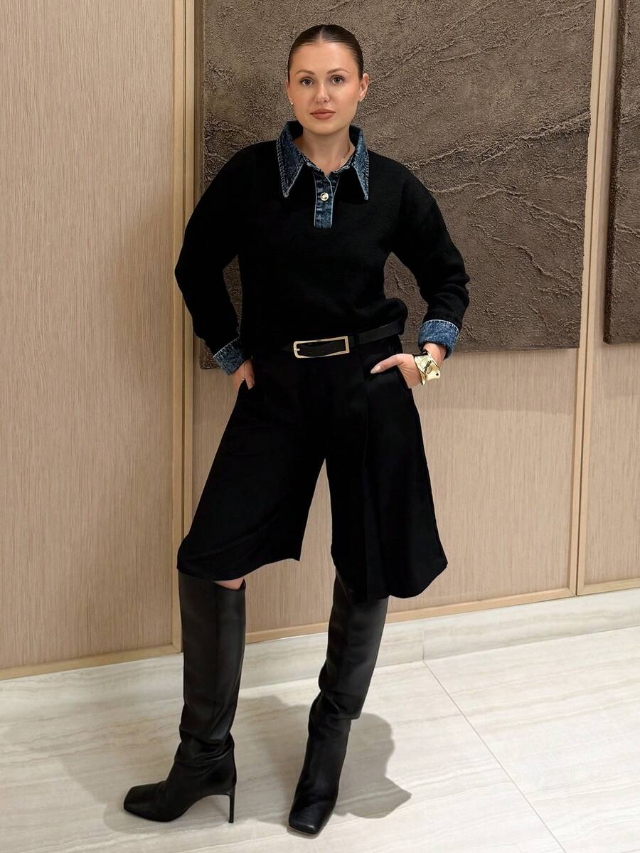 Kuleshova 女士优雅高领休闲长袖针织毛衣 - 黑色 - 查看 1