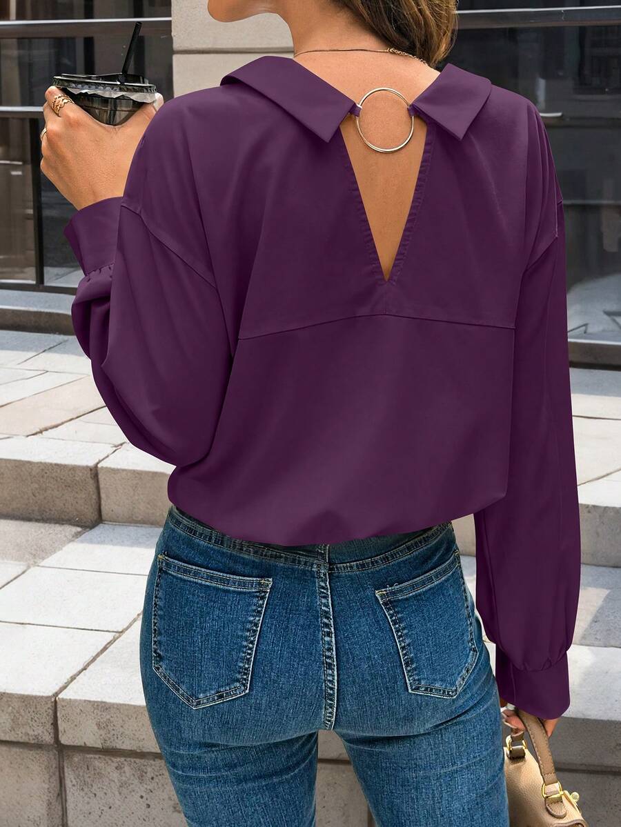 EMERY ROSE Women's Casual Versatile Solid Color Long Sleeve Shirt - Purple - View 1