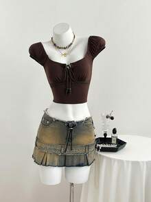 Elamini 女士复古毛边镂空系带牛仔迷你裙，街头时尚 - 霧霾藍 - 查看 5