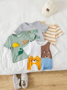 SHEIN 4件套男女宝宝可爱动物印花短袖针织T恤套装，春夏宝宝服装 - 彩色 - 查看 4