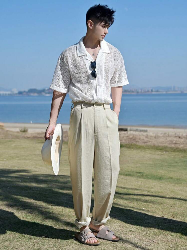 Spring Solid Beige Slim-Fit Men's Suit Pants