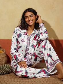 Felipe Marques Conjunto de pijama de mujer de manga larga con botones delanteros y estampado completo, cómodo y transpirable - Multicolor - Ver 1