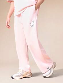 SUMWON Bear Graphic Short Sleeve T-Shirt And Wide Leg Pants Set With Motivational Text Print Casual Co-Ord - Baby Pink - View 4