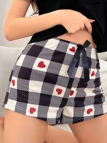 Plaid Heart Print Bow Sleep Shorts - Multicolor - View 4