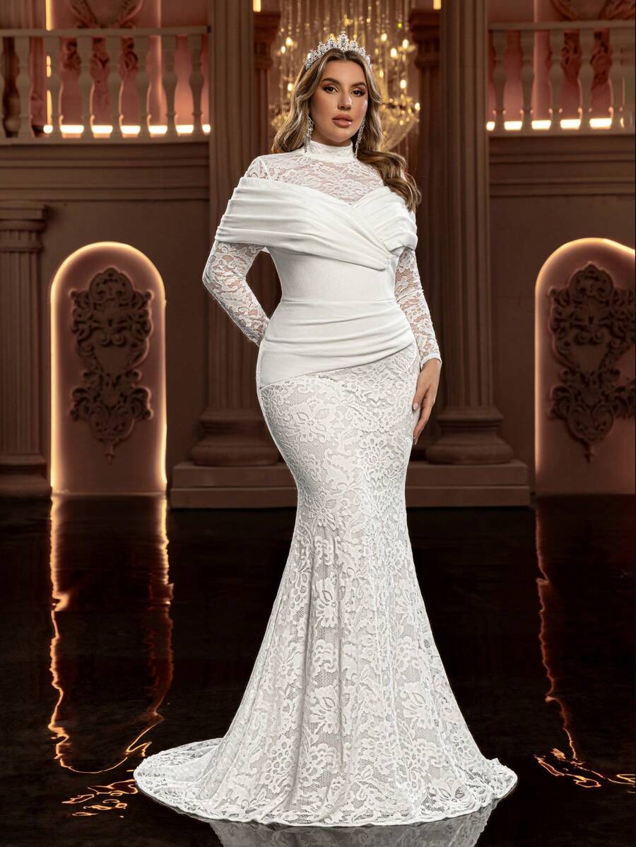 Glamrae فستان أنيق فاخر رومانسي مزين بالدانتيل الأبيض، طويل الأكمام، قصة ذيل حورية البحر، مناسب للزفاف، فستان العروس، عيد الحب - أبيض - مشاهدة 1