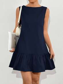 SHEIN EZwear 藏蓝色梭织无袖可爱娃娃裙迷你连衣裙（女款） - 藏蓝色 - 查看 4