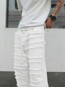 Manfinity ZONE917 Men's Solid Color Frayed Edge Slant Pocket Casual Versatile Jeans - White - View 5