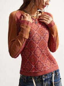 Bohemela 女士休闲针织拼接长袖圆领修身水洗T恤 - 黃色 - 查看 6