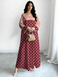 Al Najma Women's Polka Dot Colorblock Print V-Neck Long Sleeve Elegant Arabic Style Maxi Dress, Spring/Summer, Modest Dress - Multicolor - View 3