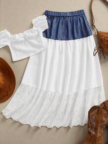 LanaWest Western Style New Denim Contrast Lace Ruched Long Skirt, Versatile For Multiple Occasions - White - View 2