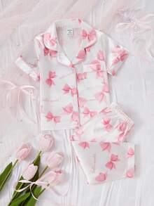 2pcs/Set Toddler Girls' Light Pink Taffeta Bow & Ribbon Print Short Sleeve Cardigan And Pants Casual Pajamas - White - View 6
