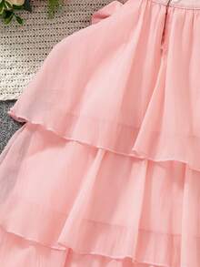 SHEIN Girls' Casual Black Contrast Collar Waist Knit Dress - Pink - View 4