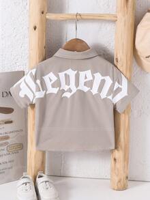 SHEIN 舒适休闲百搭字母印花黑色短袖梭织衬衫，工作服风格，适合室内、室外、日常、运动、玩耍、聚会、拍照、度假、春夏穿着，男女宝宝皆宜 - 卡其色 - 查看 4