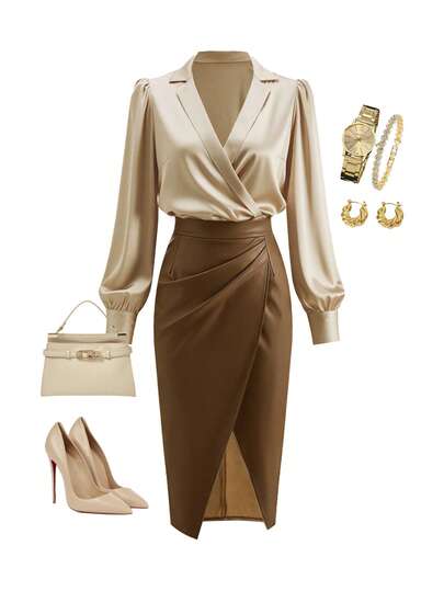 Ellevyn V领缎面衬衫搭配PU皮迷你裙套装，办公/通勤装