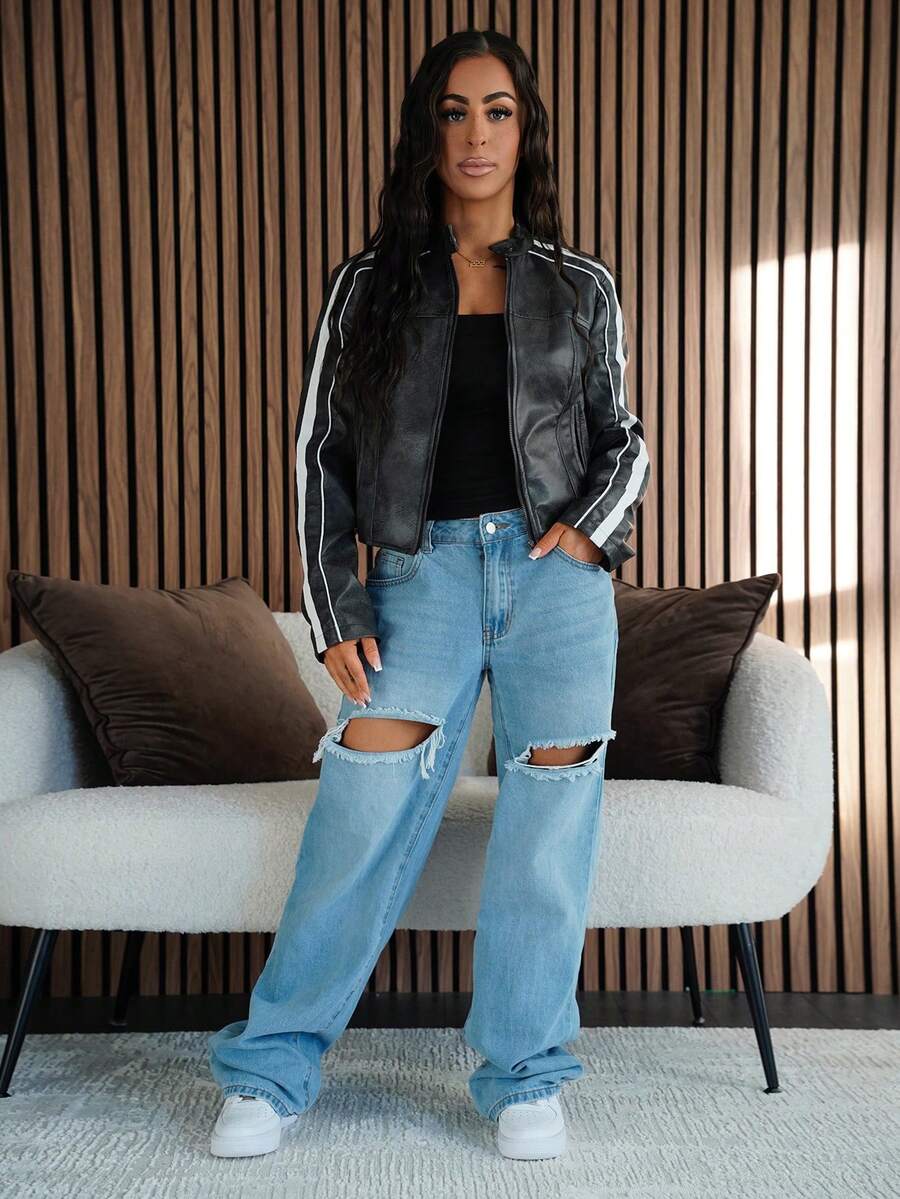 SAYEHFBABY Veste courte zippée sur le côté rayée pour un port quotidien, style rétro délavé, parfaite pour la rentrée en automne/hiver - Noir - Voir 1