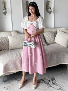 SHEIN 青少年女孩時尚優雅撞色短袖緞面洋裝，粉色公主洋裝，夏季泡泡袖派對洋裝 - 淺粉色 - 查看 6