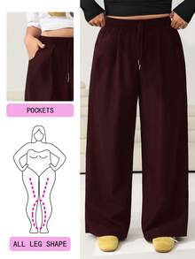 Solflare Wine Red Plus Size Women's Drawstring Waist Wide Leg Loose Pants, Autumn/Winter/Spring - Burgundy - View 1