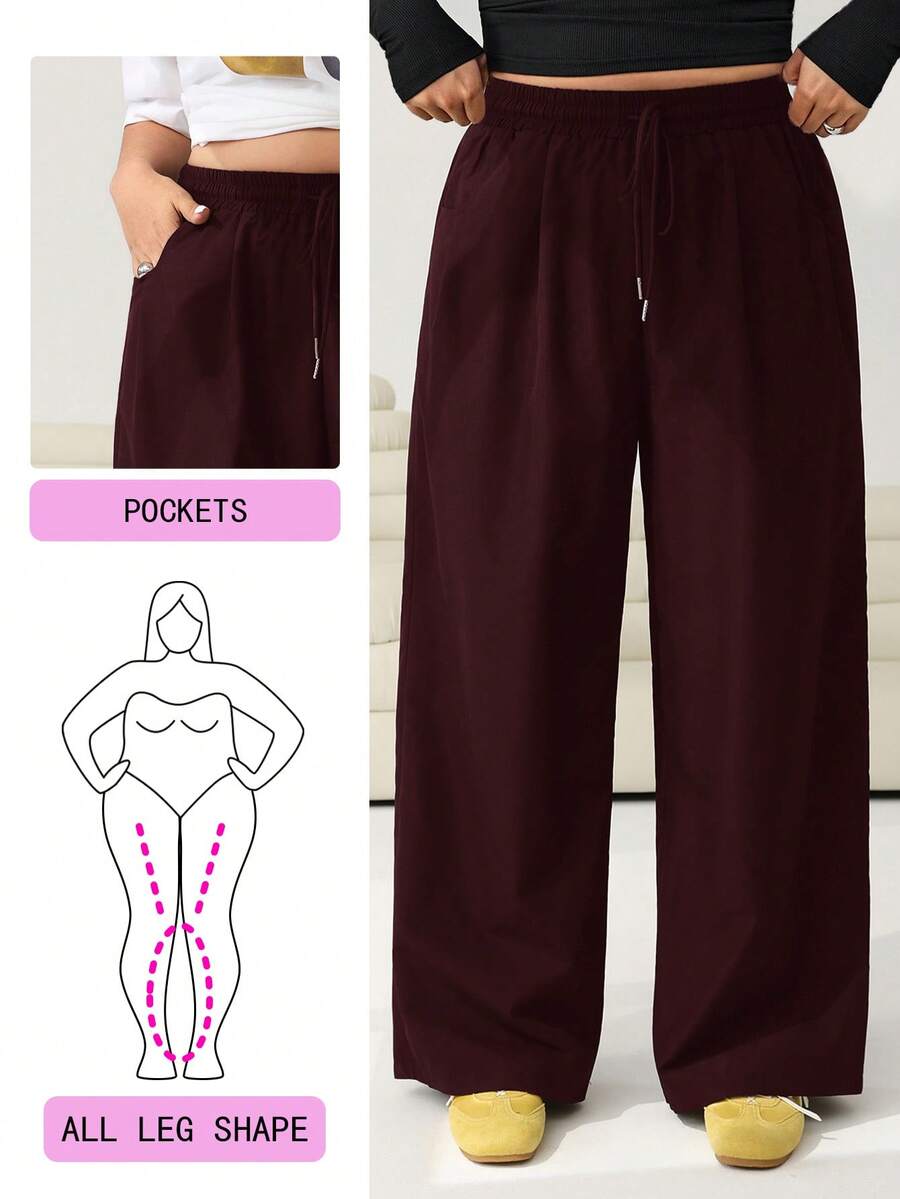 Solflare Wine Red Plus Size Women's Drawstring Waist Wide Leg Loose Pants, Autumn/Winter/Spring - Burgundy - View 1
