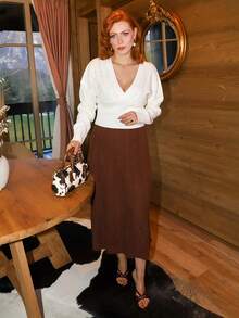 Gretanique 女式深 V 领麻花针织拼布毛衣，宽松上衣和紧身下装，米色，秋冬 - 米色 - 查看 6