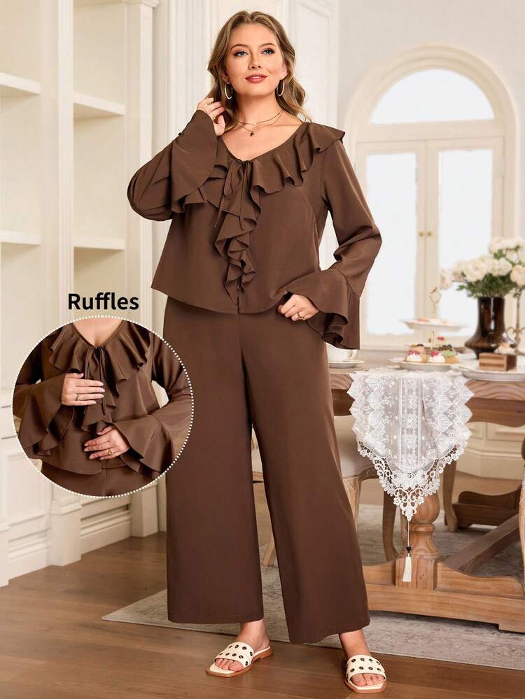 Plus Size Solid Color Ruffle Trim Long Sleeve Top & Pants 2 Pieces Set/Summer/Spring/Vacation Blouse And Pants Set Brown Blouses Casual Sets For Women