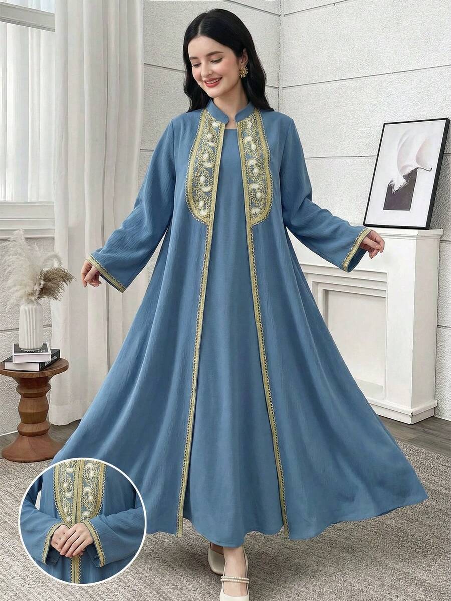 SHEIN Bộ 2 áo Abaya kiểu Ả Rập truyền thống dành cho thiếu nữ, tay dài, dáng xòe, thêu và viền vàng, độ dày vừa phải, thích hợp mặc hàng ngày vào mùa xuân và mùa thu. - Màu xanh bụi bặm - Xem 1