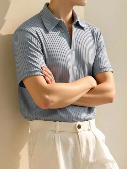 Manfinity Homme Men's Solid Color Short Sleeve Casual Commuter Polo Shirt Men Short Sleeve Dress Shirt Men Knit Shirt Powder Blue Shirt For Man