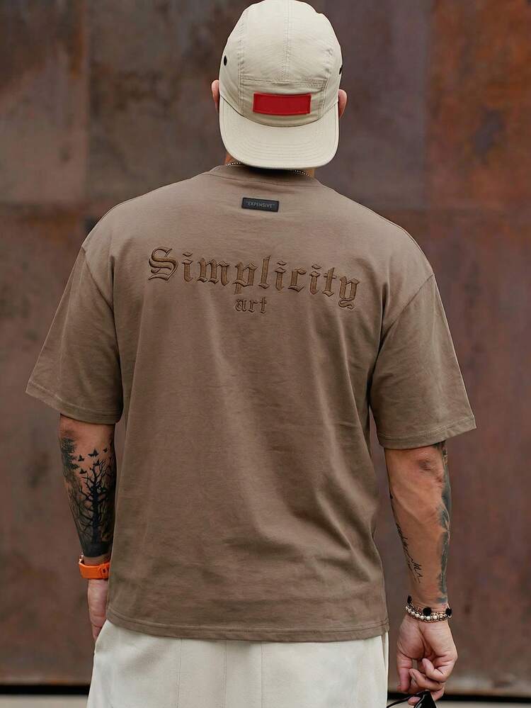 Gothic Letter Embroidery Brown Round Neck Street Style Men T-Shirt, Summer