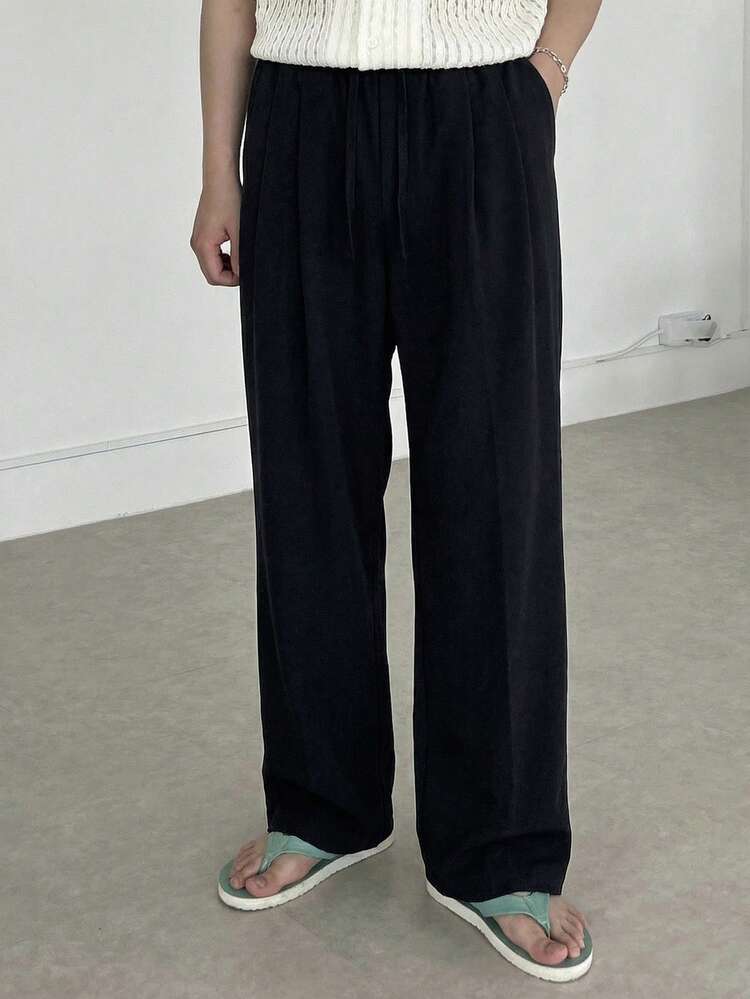 Men's Solid Black Elastic Waist Pants, Spring