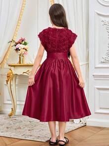 SHEIN Tween Girls Elegant Fitted Cute Retro Palace V-Neck Short Sleeve Mid-Length Dress - Red - View 2