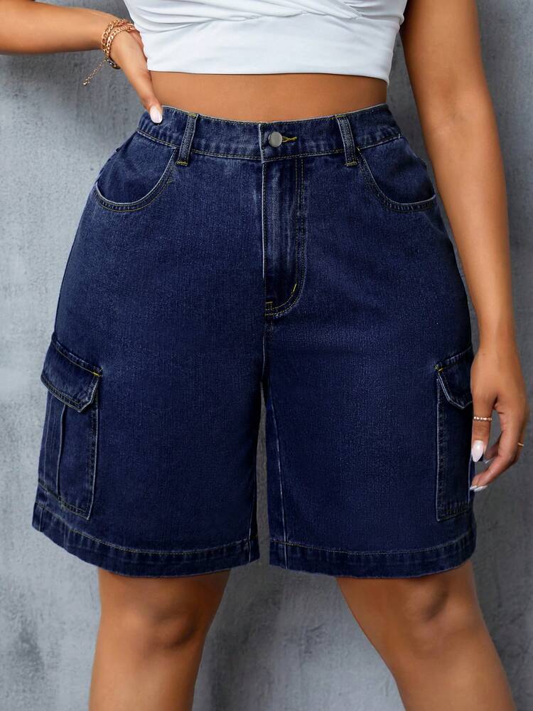 SHEIN CURVE+ Plus Size Women's Cargo Pocket Casual Versatile Denim Shorts - Blue - View 6