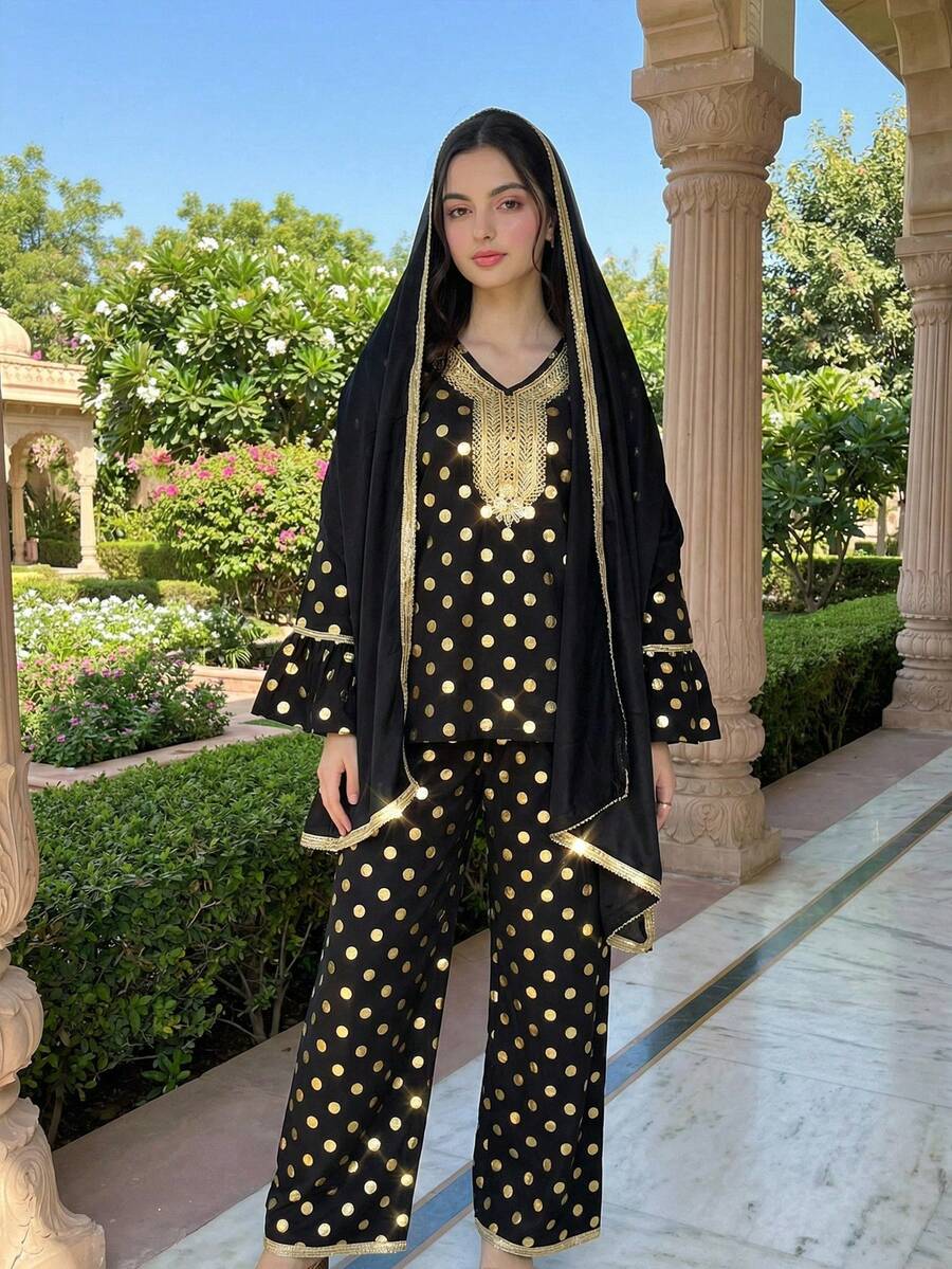 Sparklyn 少女碎花V领衬衫套装，休闲度假装，春夏款 - 黑色 - 查看 1