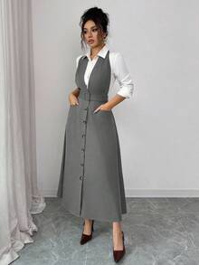 Rafferiza Khaki Trägerkleid mit Taschenverzierung, taillierter Passform für Damen, Herbst - Grau - Übersicht 8